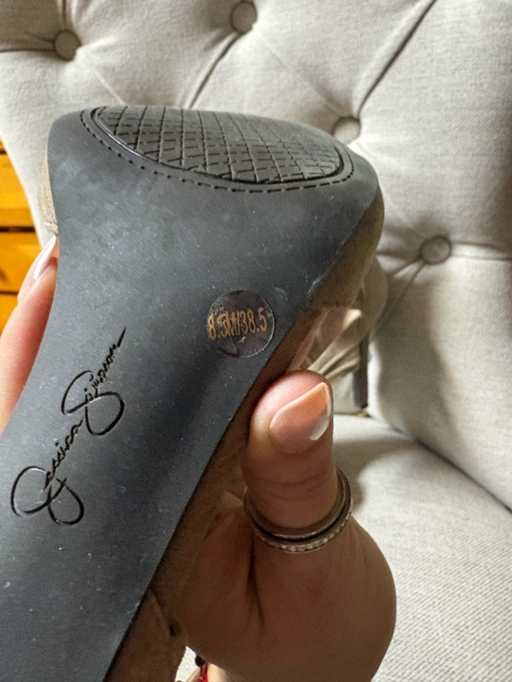 Jessica Simpson Pointed-Toe Suede Lace-Up Heels in Taupe - Picture 11 of 11